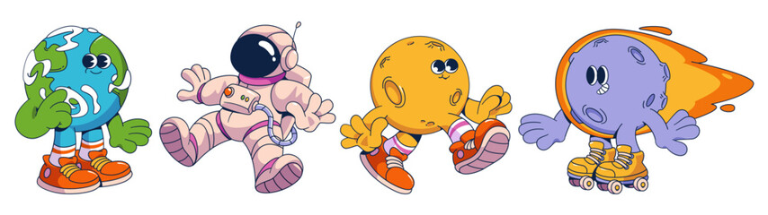 Groovy space characters set. Cosmic mascots - Earth in sneakers, playful astronaut, walking friendly planet in shoes and skating purple meteor with orange comet fire tail. Universe cartoon characters