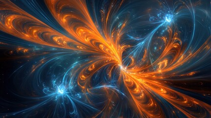 An artistic composition of orange and blue fireworks exploding in the sky, with swirling patterns and radiant light trails creating an abstract effect