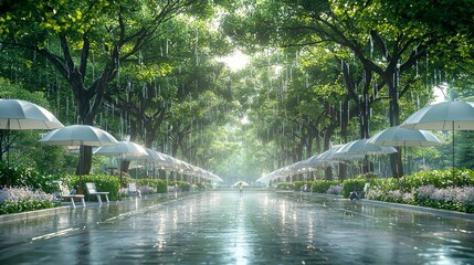 Rainy Day in a Lush Green Park: Serene Walkway with Umbrellas