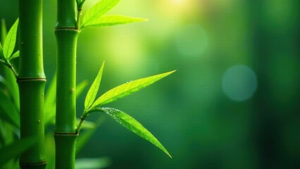 Lush Green Bamboo Shoots Emerging in Sunlight, Displaying Vibrant Dew-Kissed Leaves and Strong Stalks