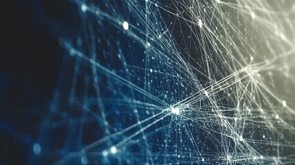 A stunning futuristic digital network visualization with interconnected, glowing nodes and lines forming a complex data network. The composition uses a rich blue color palette, with bright dots of lig