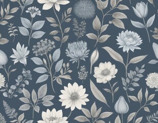 Elegant Monochrome Floral Seamless Pattern:  Delicate Botanical Illustration with Dahlias, Tulips, and Greenery