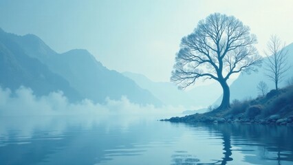Serene Lakeside Vista A Solitary Tree Stands Sentinel Against a Misty Mountain Range and Calm Water