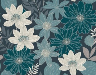 Elegant Teal and Cream Floral Seamless Pattern: Botanical Design with Blooming Flowers and Leaves
