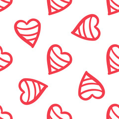 Seamless pattern with striped red hearts on white background in doodle style