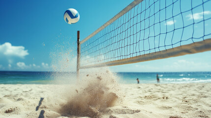 Dynamic beach volleyball match tropical coast sports photography sunny environment low angle excitement and competition