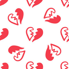 Seamless pattern with broken red hearts on white background in doodle style