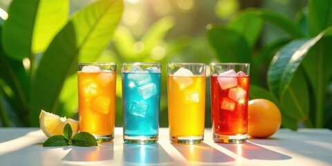 Fototapeta premium Refreshing Iced Beverages in Sunlight by Lush Greenery