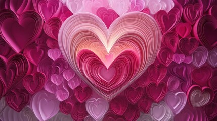 Abstract arrangement of layered paper cut hearts in shades of pink, glowing softly on a Valentine's theme background.