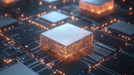 A 3D digital microchip visualization with illuminated circuit board lines, neural networking connections, and glowing data nodes representing advanced technology