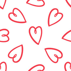 Seamless pattern with red abstract hearts on white in doodle style