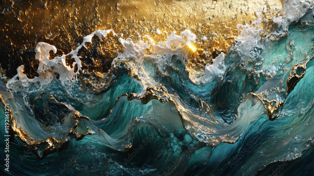 Wall mural Crashing waves create golden splashes at sunrise ocean shore abstract art serene environment aerial view nature's beauty