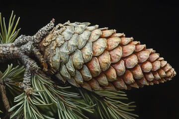 The tip of a spruce branch cradling an early cone, with fine detail on the cone scales and surrounding needles.