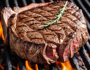 Grilled Steak, Rosemary, Flames: Juicy, Delicious BBQ Beef Close-Up