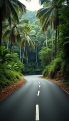 Fototapeta premium Serene Tropical Road Winding Through Lush Green Forest