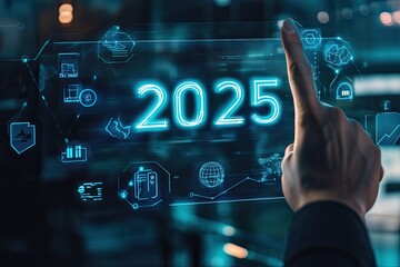 Transparent floating screen with "2025" and icons for planning and opportunities, activated by a businessmanâ€™s hand.
