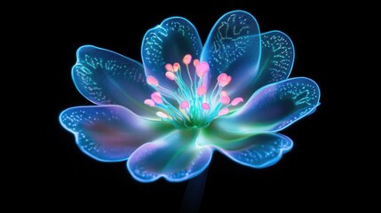 A captivating neon flower with glowing petals in shades of blue, pink, and green, creating a magical and surreal effect on a black background