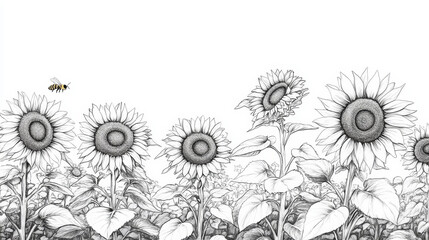 Bee pollinating sunflowers in a vibrant field nature illustration bright and cheerful atmosphere artistic perspective