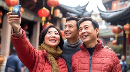 Fototapeta premium Happy friends taking a selfie in the city.