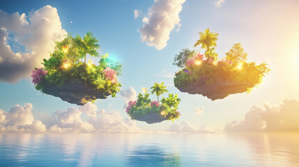 Fototapeta premium Floating tropical islands under a bright sky nature illustration calm waters serene environment dreamlike scene