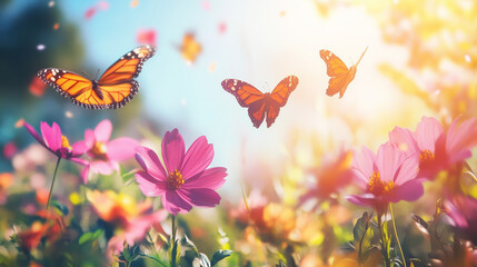 Butterflies dancing among colorful flowers nature garden photography bright daylight close-up serenity