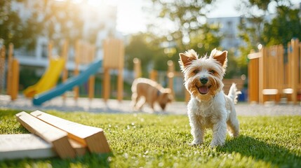 A joyful day at a pet-friendly place where two small dogs play on the green grass, surrounded by colorful playground equipment, capturing the essence of outdoor fun and companionship.