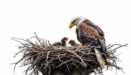Majestic Eagle and Chicks in Rustic Nest: A Serene Wildlife Scene