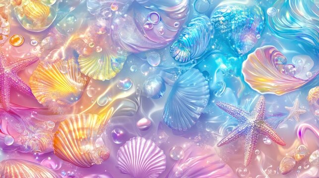A colorful and seamless mermaid-themed design with rainbow-tinted seashells, starfish, and elegant water patterns, perfect for fantasy visuals