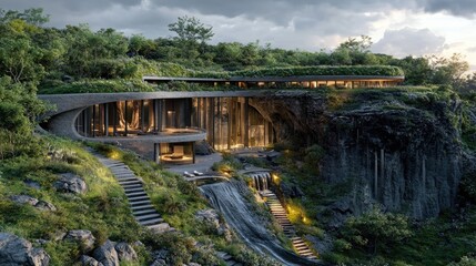 Fototapeta premium Cliffside Villa: Modern Architecture Integrated with Nature
