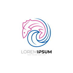 Fototapeta premium Fish logo and wave design template, line style, marine life