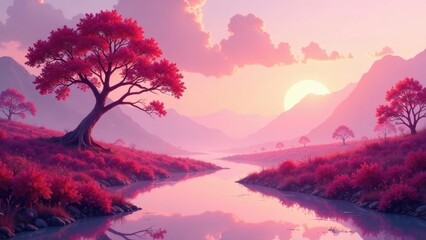 Fototapeta premium Serene Pink Sunset Landscape Featuring a Majestic Tree and Tranquil River