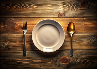 Empty Plate, Spoon, Fork, Wooden Table - Clean, Bright, Still Life Photography