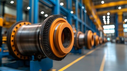 Fototapeta premium A close-up view of industrial machine components in a factory setting, showcasing intricate gears and metallic surfaces.