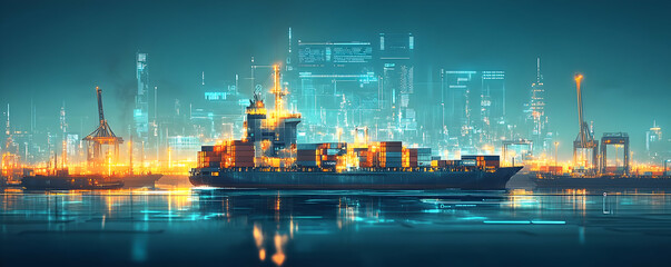 Obraz premium Cargo Ship at Night, Smart City Port