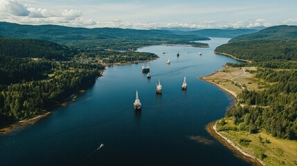 Fototapeta premium Aerial View of Offshore Oil Rigs in a Fjord, British Columbia
