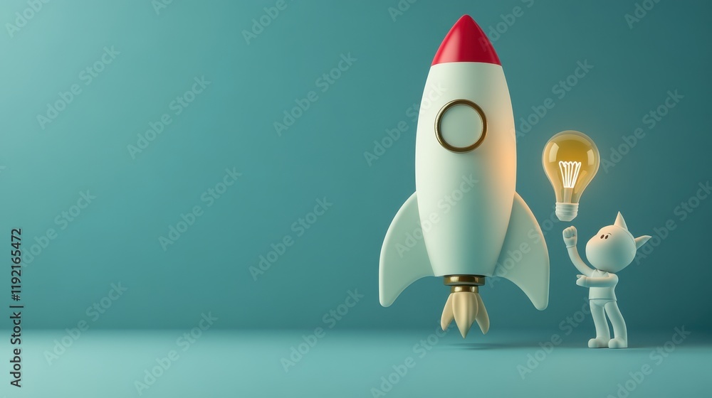 Poster innovative startup launch: a 3d render of a rocket and a cat holding a lightbulb symbolizing new ide