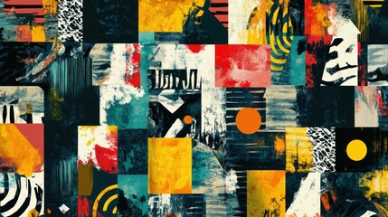 Fototapeta premium A creative patchwork of abstract artistic elements, including geometric shapes and expressive textures, arranged in a seamless stylish pattern