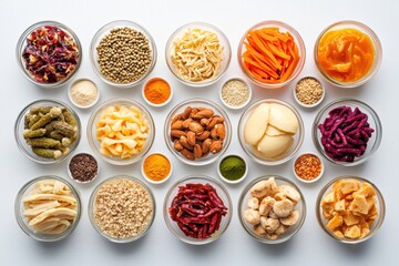 Vibrant Arrangement of Fermented Foods in Clear Jars on a White Surface
