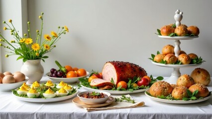 A Festive Springtime Table Setting Featuring a Glazed Ham, Deviled Eggs, and Sweet Bread Rolls
