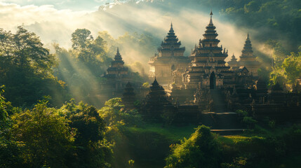 Exploring ancient temples in jungle nature photography scenic landscape serene atmosphere aerial view spiritual journey