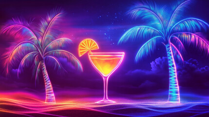 Vibrant neon cocktail under palm trees tropical beach digital art nighttime colorful atmosphere