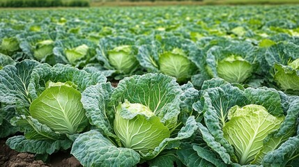 Naklejka premium Fresh Green Cabbage Head Growing in a Sunny Farm Field Surrounded by Lush Fertile Soil