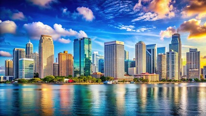 Fototapeta premium Miami Downtown Skyline, Biscayne Bay, Daytime, Bright Colors, High-Resolution Image