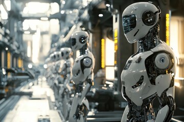 Fototapeta premium AI in manufacturing: Humanoid robots enhance industrial processes.