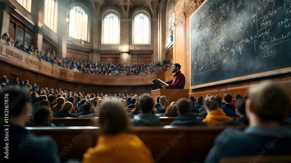 Poster lecture hall with professor delivering complex math lesson in historic university auditorium