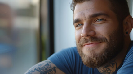 Fototapeta premium Bearded man with tattoos smiling in casual setting