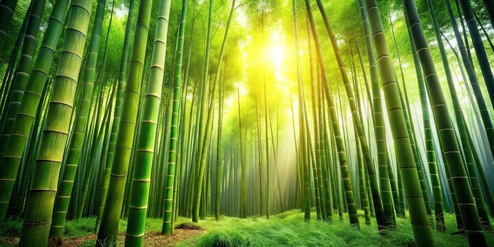 Oriental Bamboo Forest Painting, Lush Green Bamboo Illustration, Detailed Bamboo Drawing