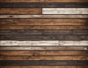 Fototapeta premium Rustic Wooden Wall Texture: Dark Brown, Gray, and White Horizontal Wood Planks Background