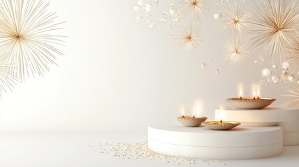 Banner design for diwali festival and podium,Diwali light decoration candle with fireworks,Stage,Product display Showcase design sparkle background,Deepavali,Dipavali,3D podium illustration.