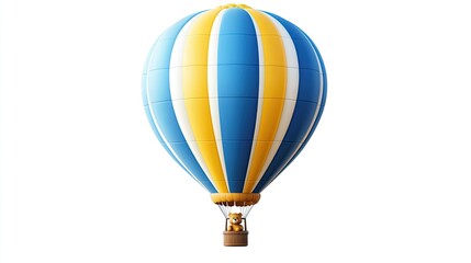 Fototapeta premium A blue and yellow hot air balloon with a teddy bear in the middle, soaring through the sky, perfect for travel, adventure, and family-themed designs with a playful touch.